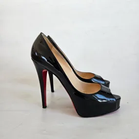 Christian Louboutin Black Patent Peep Toe Pumps, 38.5