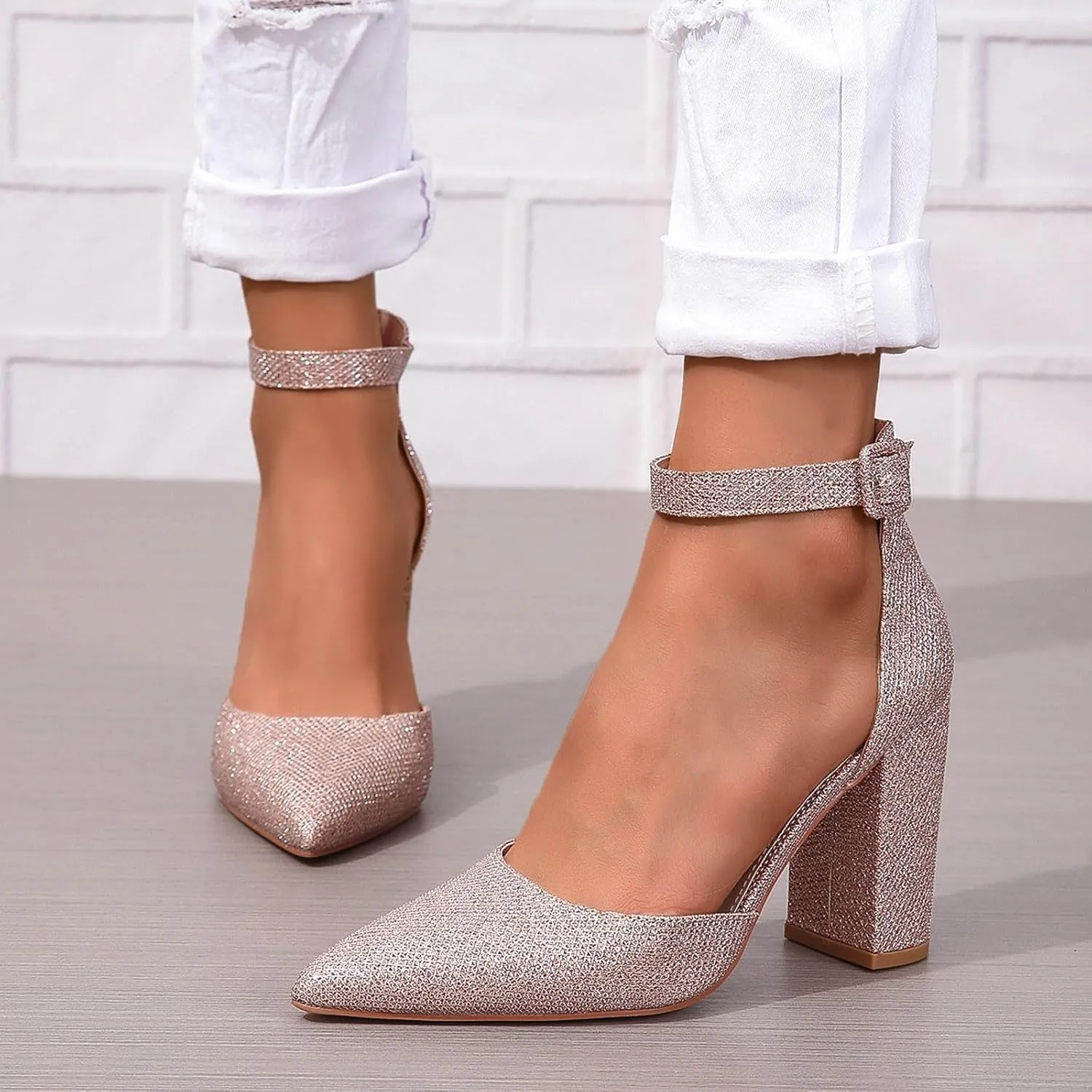 Chunky Heels for Women Closed Toe Block Wedding Pumps Shoes Bridal High Heel Buckle Dress Shoes Ankle Strap