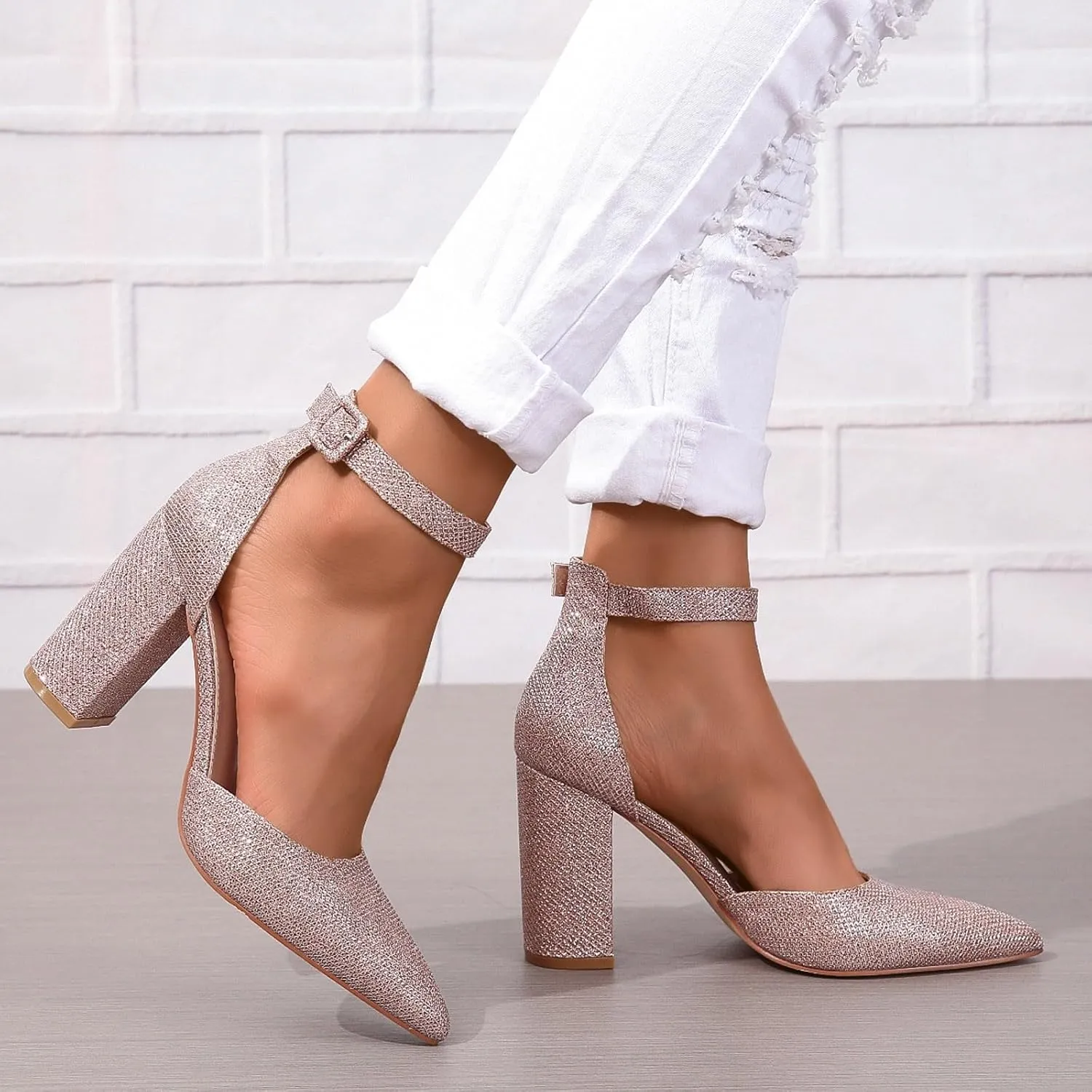 Chunky Heels for Women Closed Toe Block Wedding Pumps Shoes Bridal High Heel Buckle Dress Shoes Ankle Strap