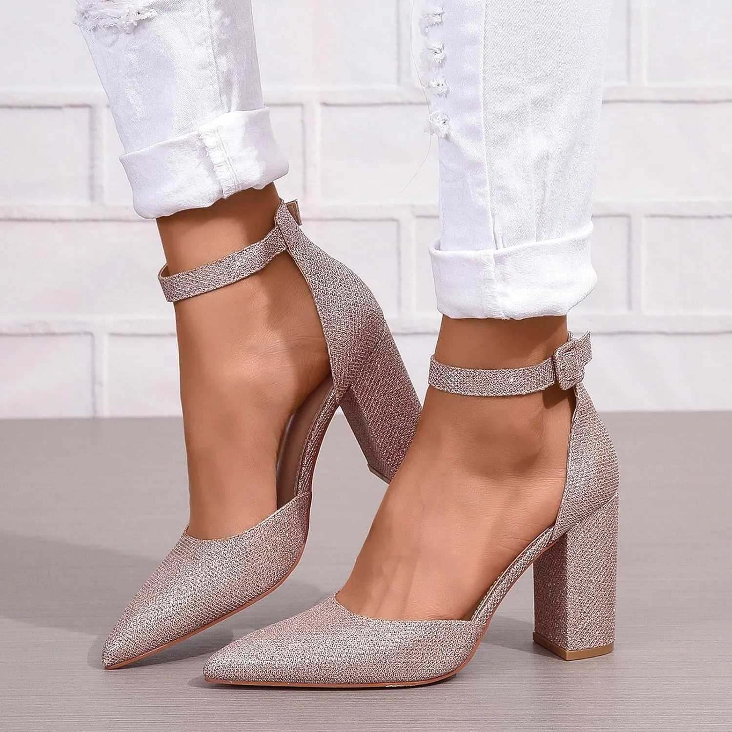 Chunky Heels for Women Closed Toe Block Wedding Pumps Shoes Bridal High Heel Buckle Dress Shoes Ankle Strap