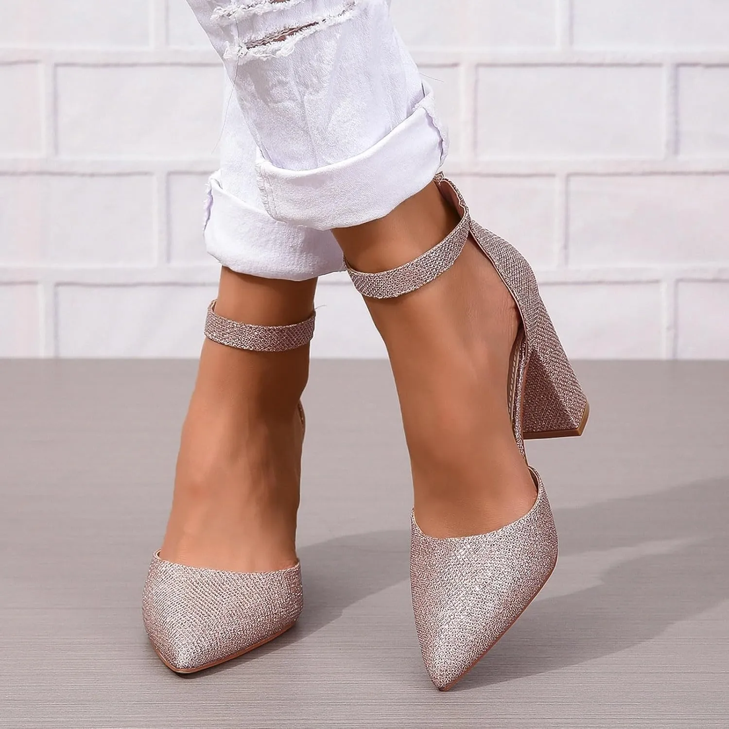 Chunky Heels for Women Closed Toe Block Wedding Pumps Shoes Bridal High Heel Buckle Dress Shoes Ankle Strap