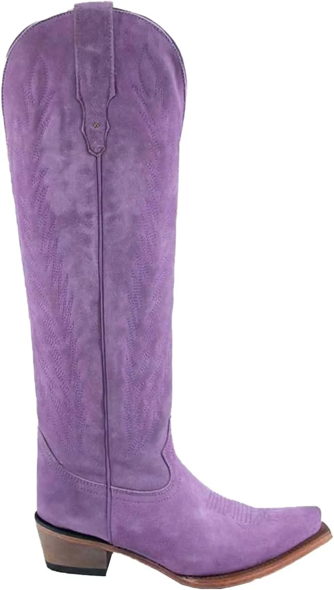 Cowboy Boots for Women Knee High Cowgirl Boots with Classic Embroidered Side Zipper Pointed Toe Chunky Heel Pull On Fashion Retro Tall Boot