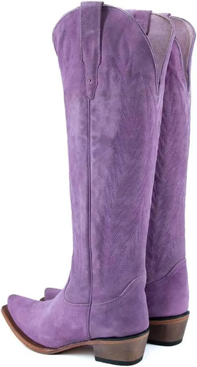 Cowboy Boots for Women Knee High Cowgirl Boots with Classic Embroidered Side Zipper Pointed Toe Chunky Heel Pull On Fashion Retro Tall Boot