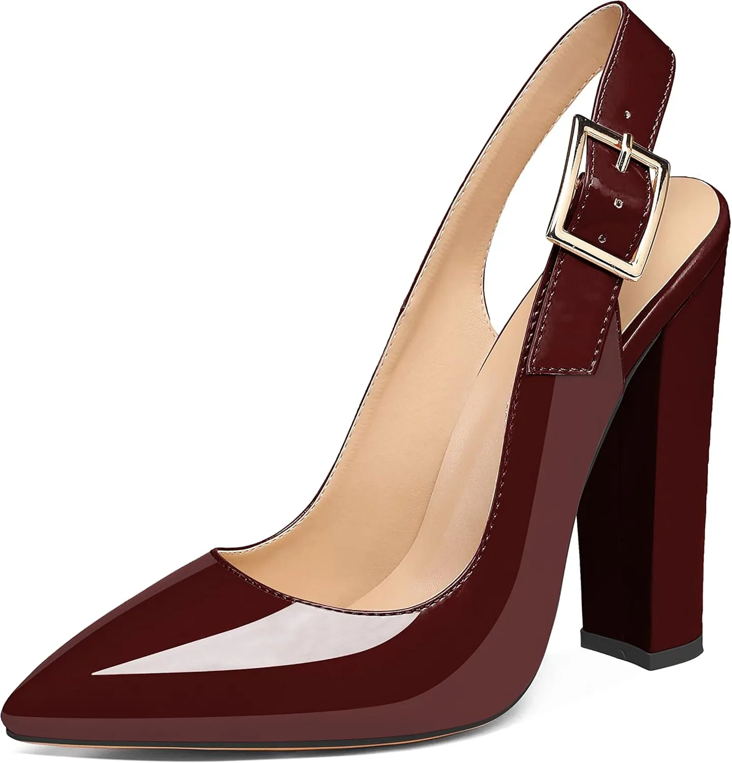 Eldof Women's Slingback Pointed Toe Pumps Ankle Strap Chunky High Heels 4.7" High Block Heel Pumps Dress Shoes