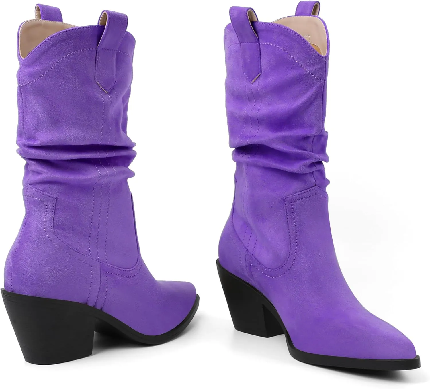 Esvowido Womens Slouchy Western Cowboy Cowgirl Retro Mid calf Boots Faux Suede Leather Stylish Booties Outdoor Travel