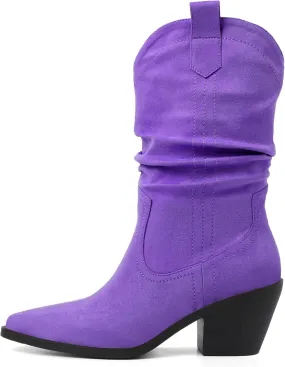 Esvowido Womens Slouchy Western Cowboy Cowgirl Retro Mid calf Boots Faux Suede Leather Stylish Booties Outdoor Travel