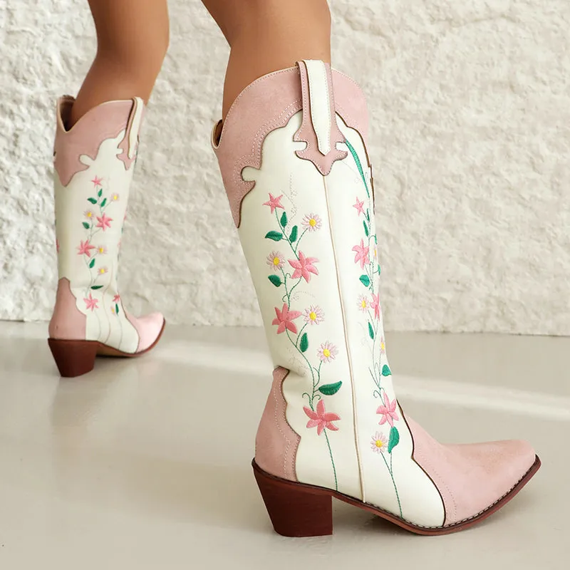 Flower embroidery pink patchwork western boots