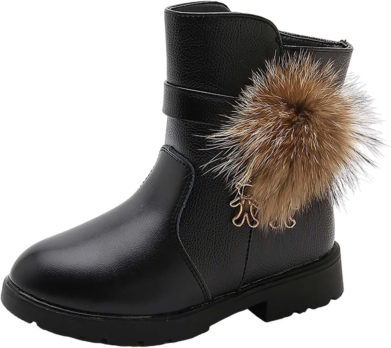 Kids Girls PU Leather Short Boots Lightweight Comfortable Side Zipper Puffy Ankle Booties Leather Boots