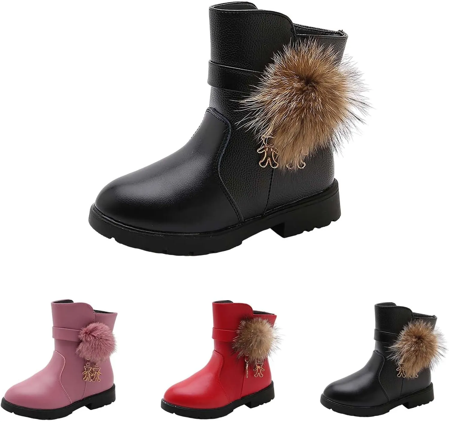 Kids Girls PU Leather Short Boots Lightweight Comfortable Side Zipper Puffy Ankle Booties Leather Boots