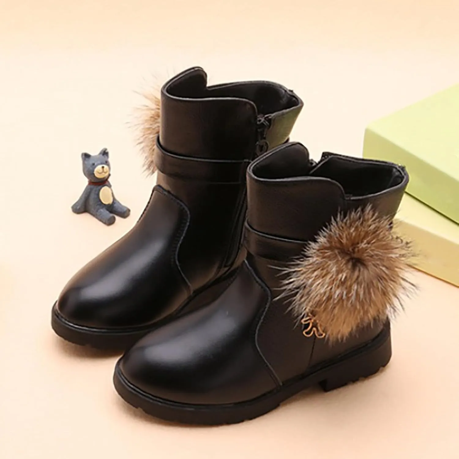 Kids Girls PU Leather Short Boots Lightweight Comfortable Side Zipper Puffy Ankle Booties Leather Boots