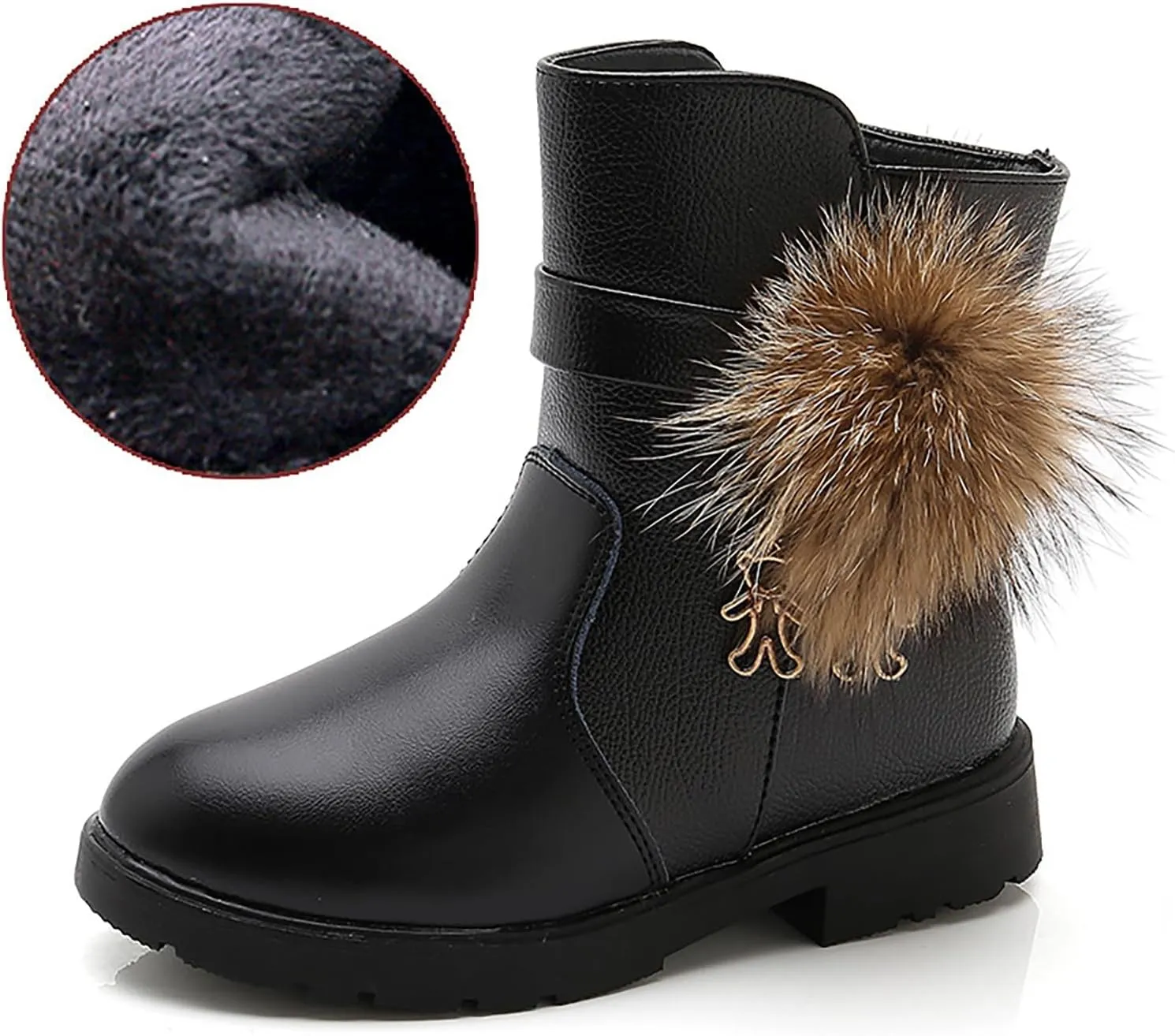 Kids Girls PU Leather Short Boots Lightweight Comfortable Side Zipper Puffy Ankle Booties Leather Boots