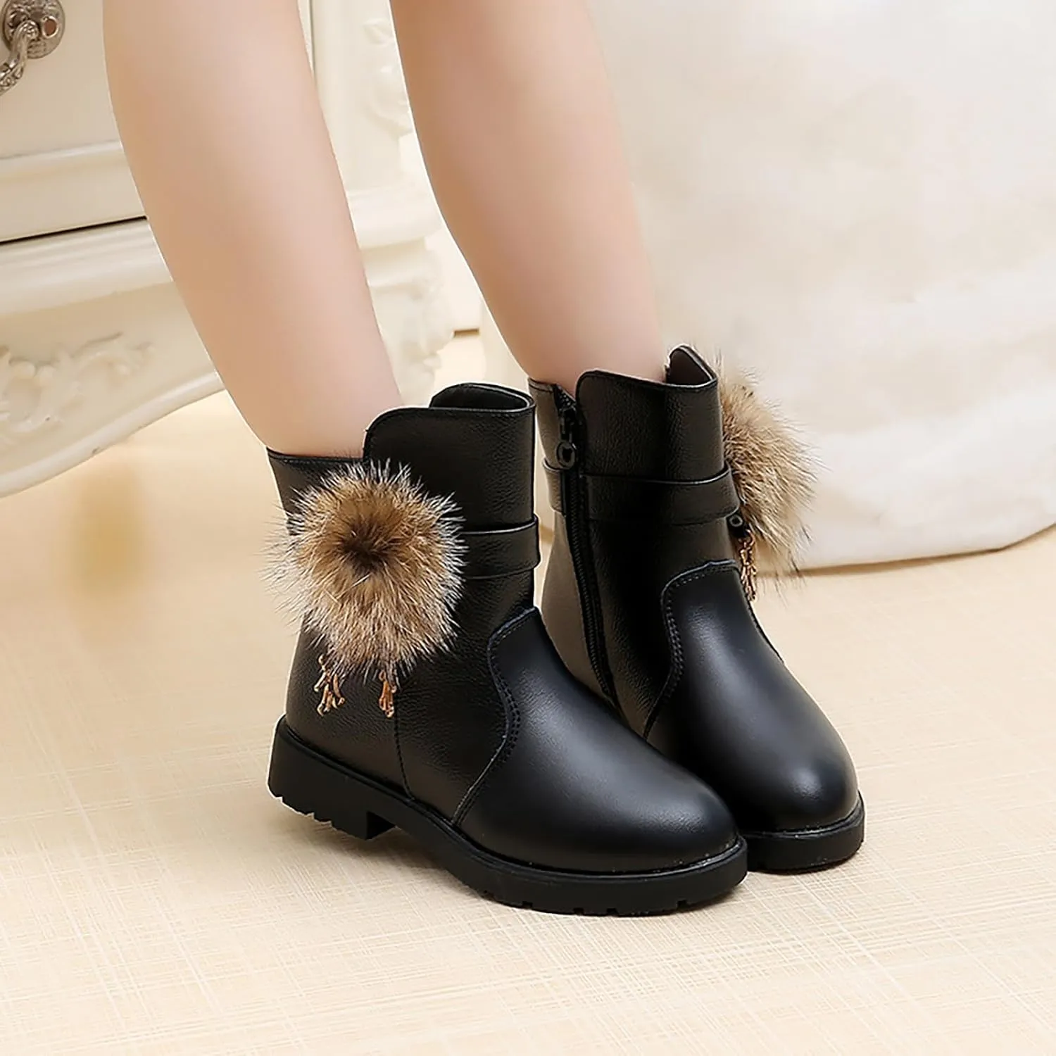 Kids Girls PU Leather Short Boots Lightweight Comfortable Side Zipper Puffy Ankle Booties Leather Boots