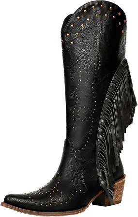 KiutSymo Cowgirl Fringe Boots For Women White Tassels Cowboy Boots Knee High Pointed Toe Western Boots