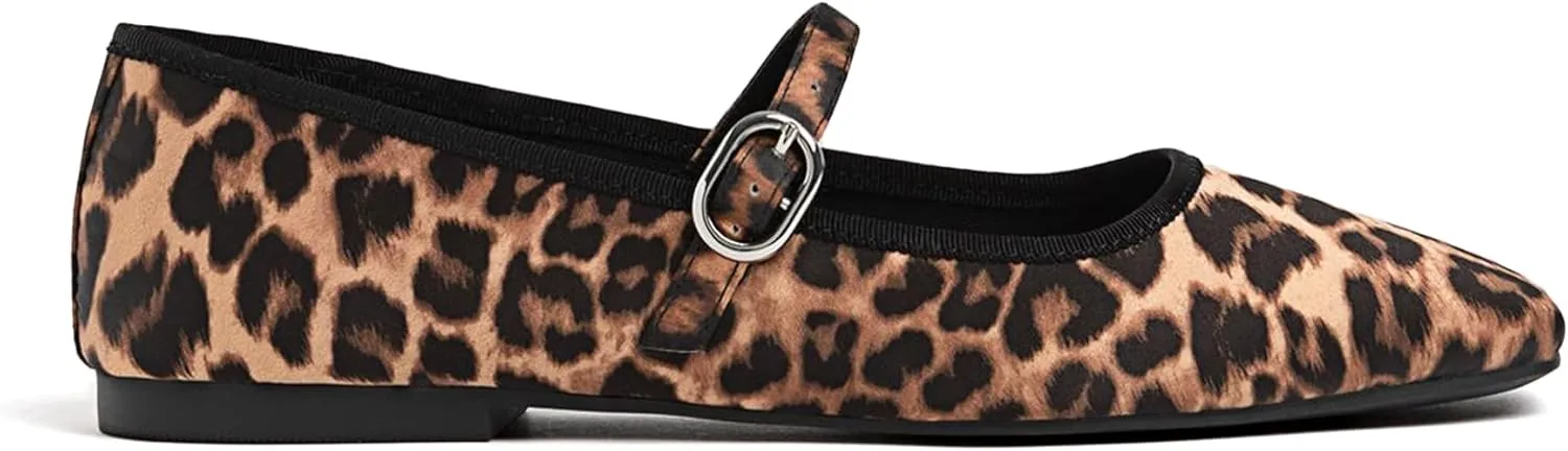 Leopard Ballet Flats for Women Velvet Animal Print Square Toe Mary Jane Flats Silver Buckle Comfortable Ballerina Shoes