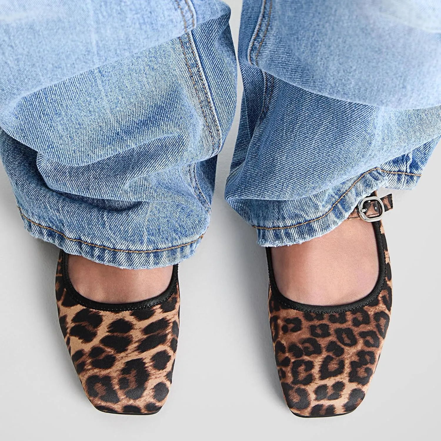 Leopard Ballet Flats for Women Velvet Animal Print Square Toe Mary Jane Flats Silver Buckle Comfortable Ballerina Shoes