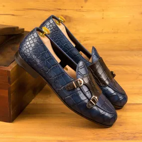 Men's Double Monk Leather Slippers Wide Plus Size Brown Blue 4491