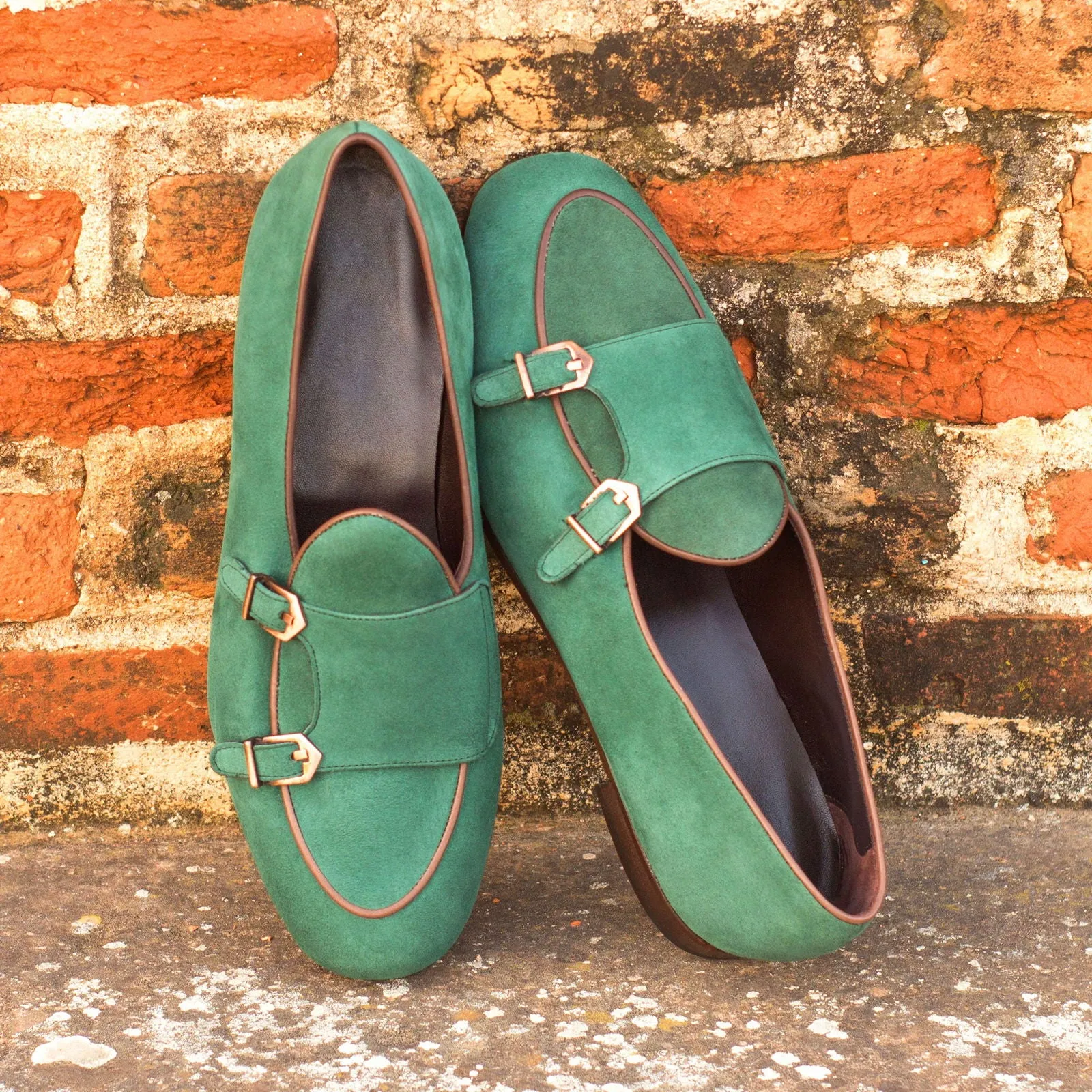 Men's Double Monk Leather Slippers Wide Plus Size Green Dark Brown 3697