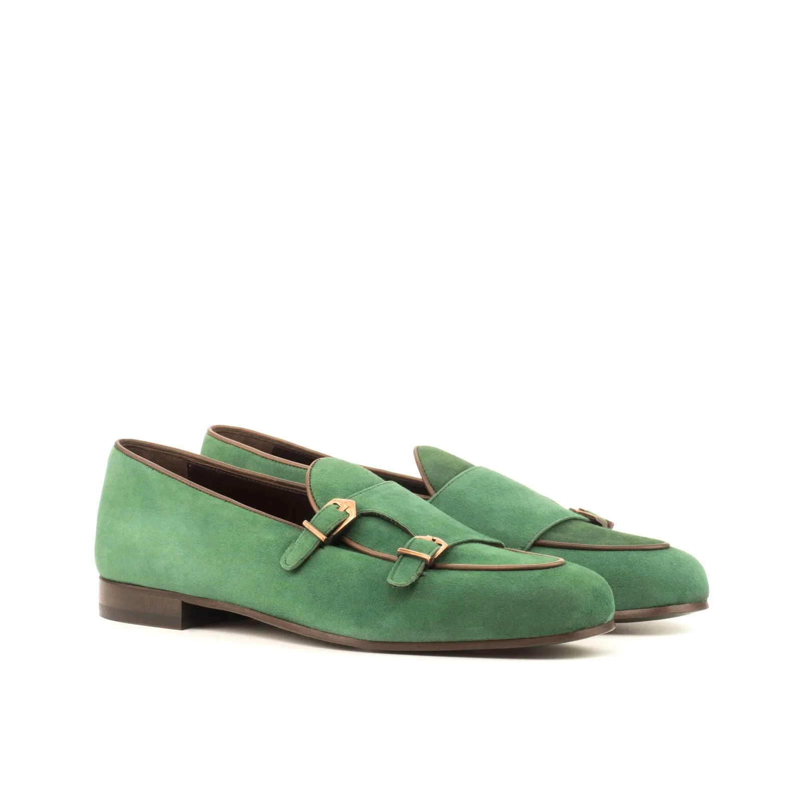 Men's Double Monk Leather Slippers Wide Plus Size Green Dark Brown 3697