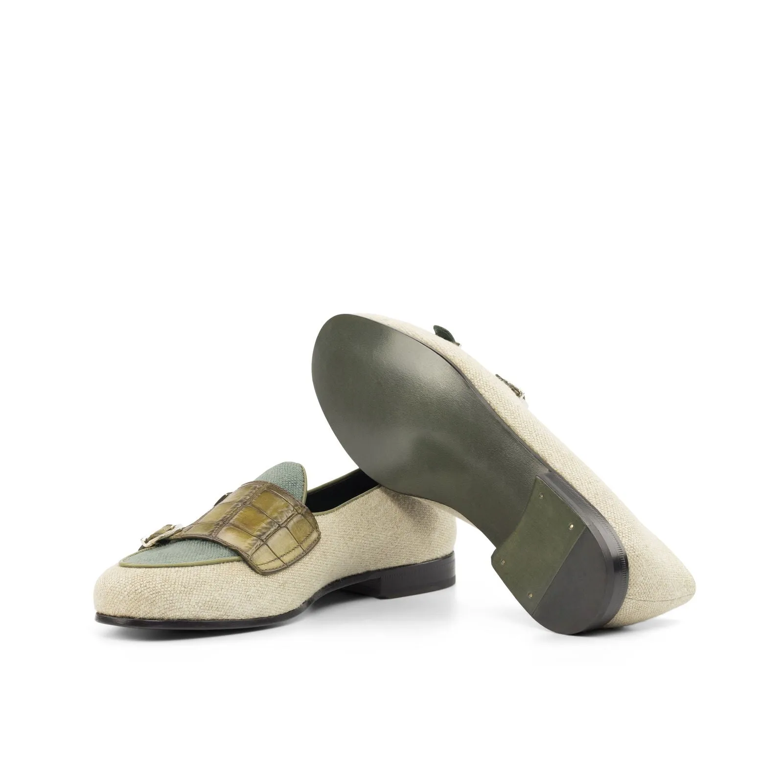 Men's Double Monk Leather Slippers Wide Plus Size White Green 4804