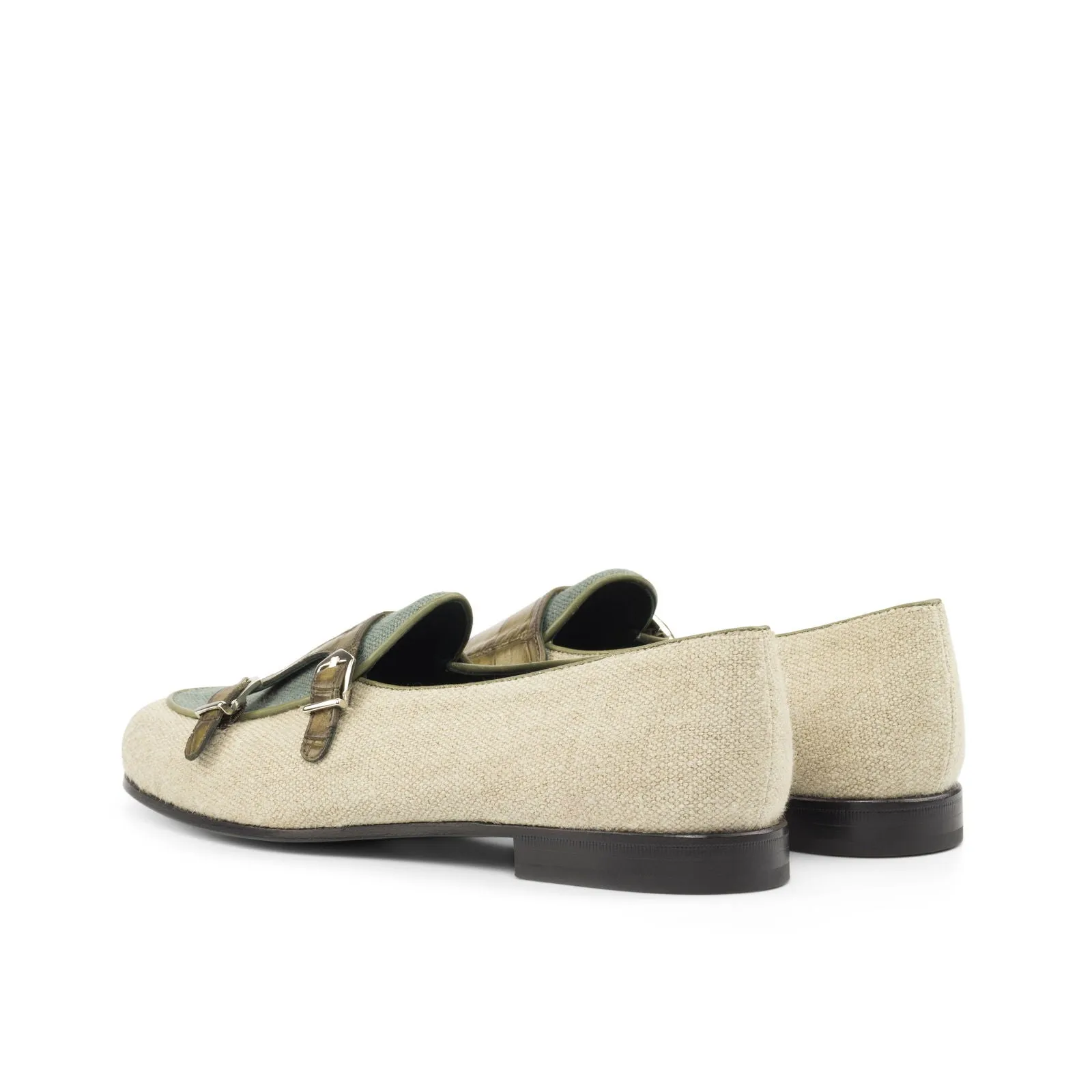 Men's Double Monk Leather Slippers Wide Plus Size White Green 4804