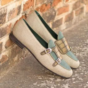 Men's Double Monk Leather Slippers Wide Plus Size White Green 4804