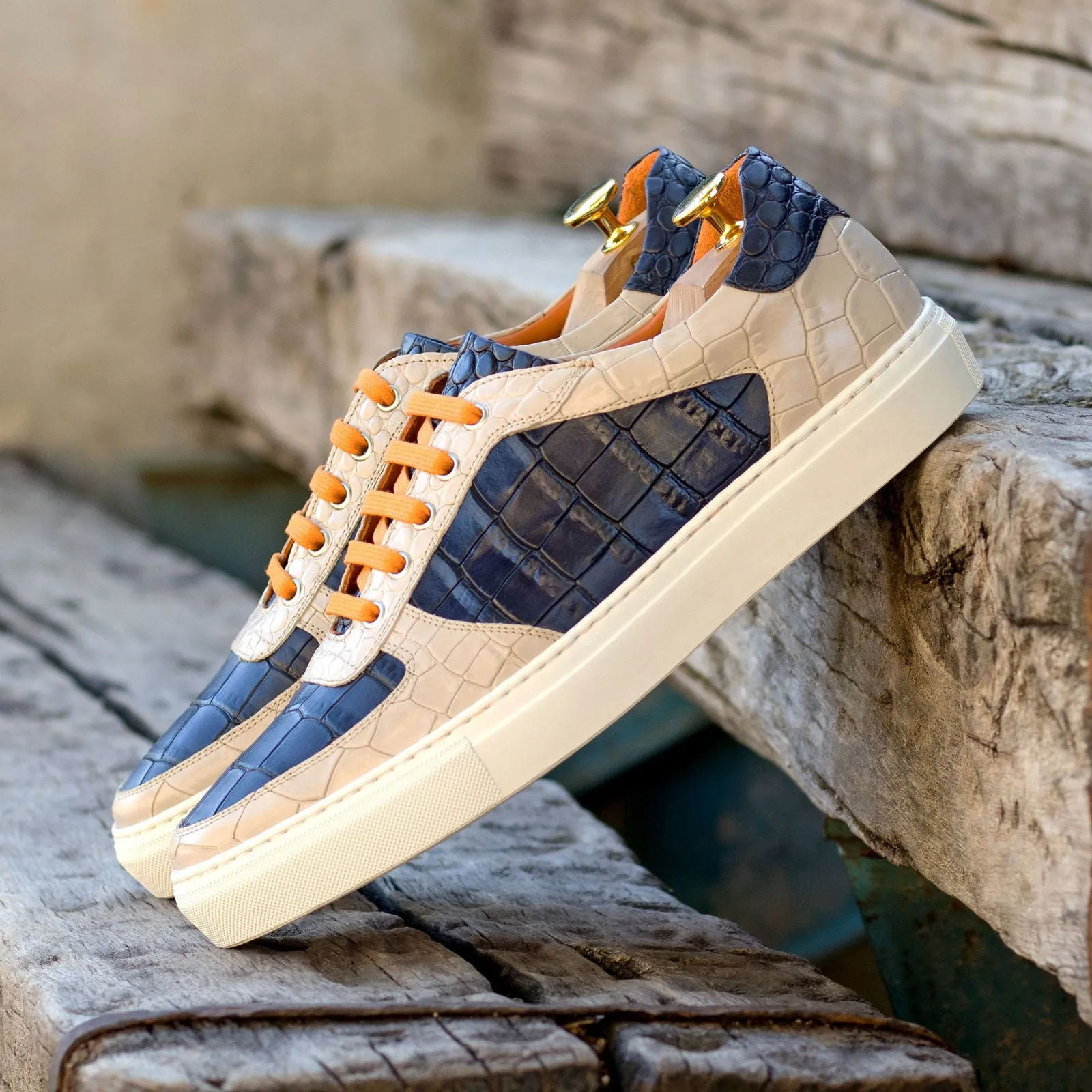 Men's Low Top Trainer Leather Shoes Wide Plus Size Navy Nude 5876