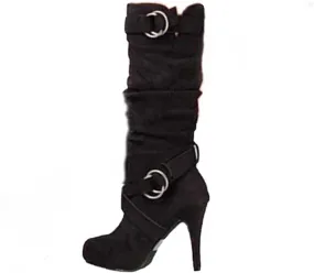 oiangi Stiletto Long Boots for Women Fashion Round Toe Strap Buckle Solid High Heels Mid Calf Boots Winter Outdoor Ladies Comfortable Casual Shoes