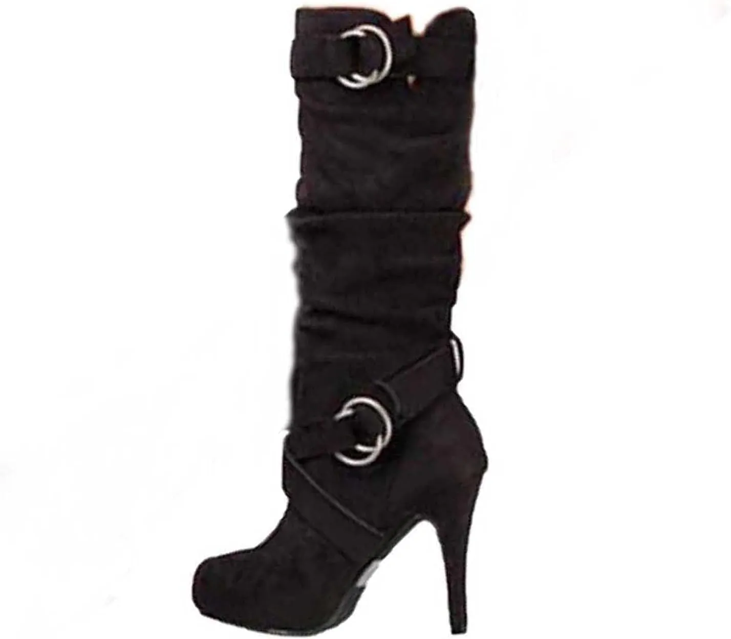 oiangi Stiletto Long Boots for Women Fashion Round Toe Strap Buckle Solid High Heels Mid Calf Boots Winter Outdoor Ladies Comfortable Casual Shoes