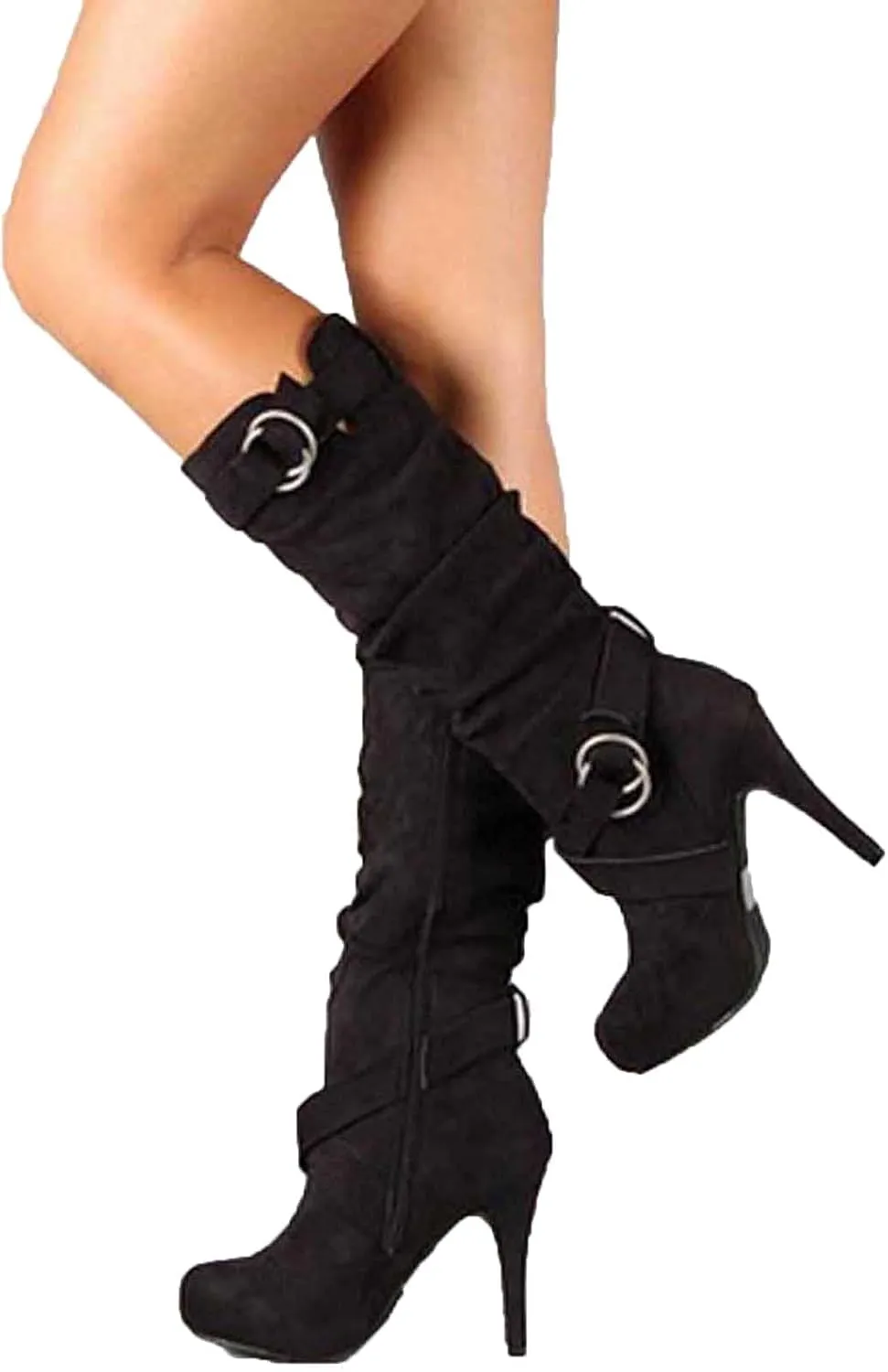 oiangi Stiletto Long Boots for Women Fashion Round Toe Strap Buckle Solid High Heels Mid Calf Boots Winter Outdoor Ladies Comfortable Casual Shoes