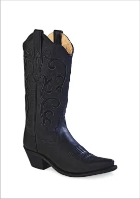 Old West Black Womens All Over Leather 12in Snip Toe Stitch Cowboy Boots 7.5 B
