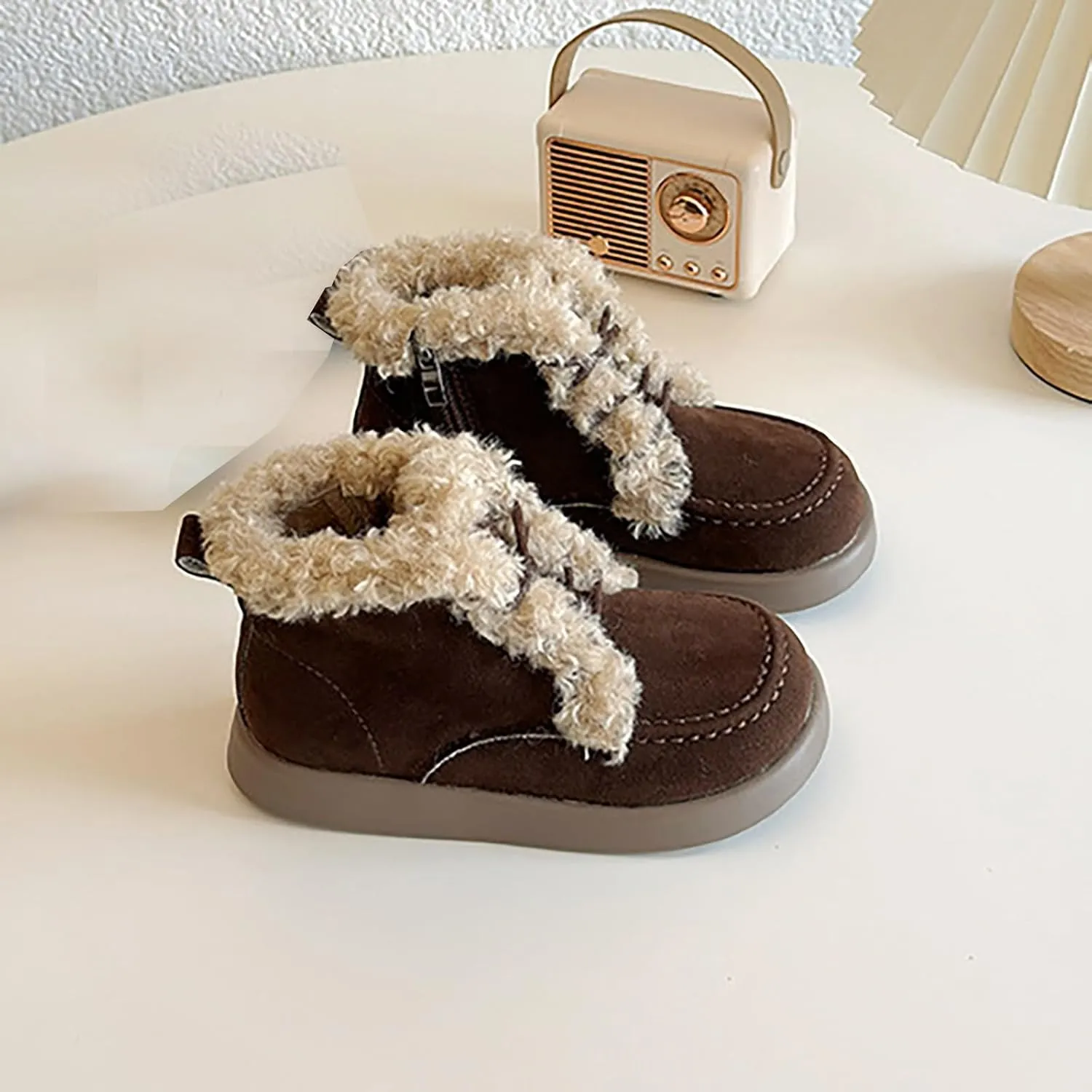 Plush Lining Snow Ankle Boots Non Slip Breathable Round Toe Short Boots Lightweight Walking Booties for Little Kid
