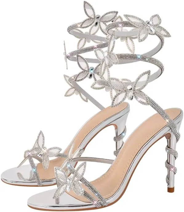 richealnini Butterfly Heels Rhinestone Strappy Sandals for Women Stiletto High Heels