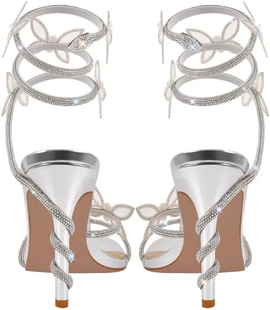 richealnini Butterfly Heels Rhinestone Strappy Sandals for Women Stiletto High Heels