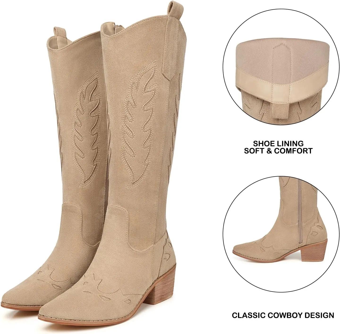 SHIBEVER Cowboy Boots for Women Knee High Suede Pointed Toe Cowgirl Boots Embroidered Pull-On Chunky Heel Western Boots