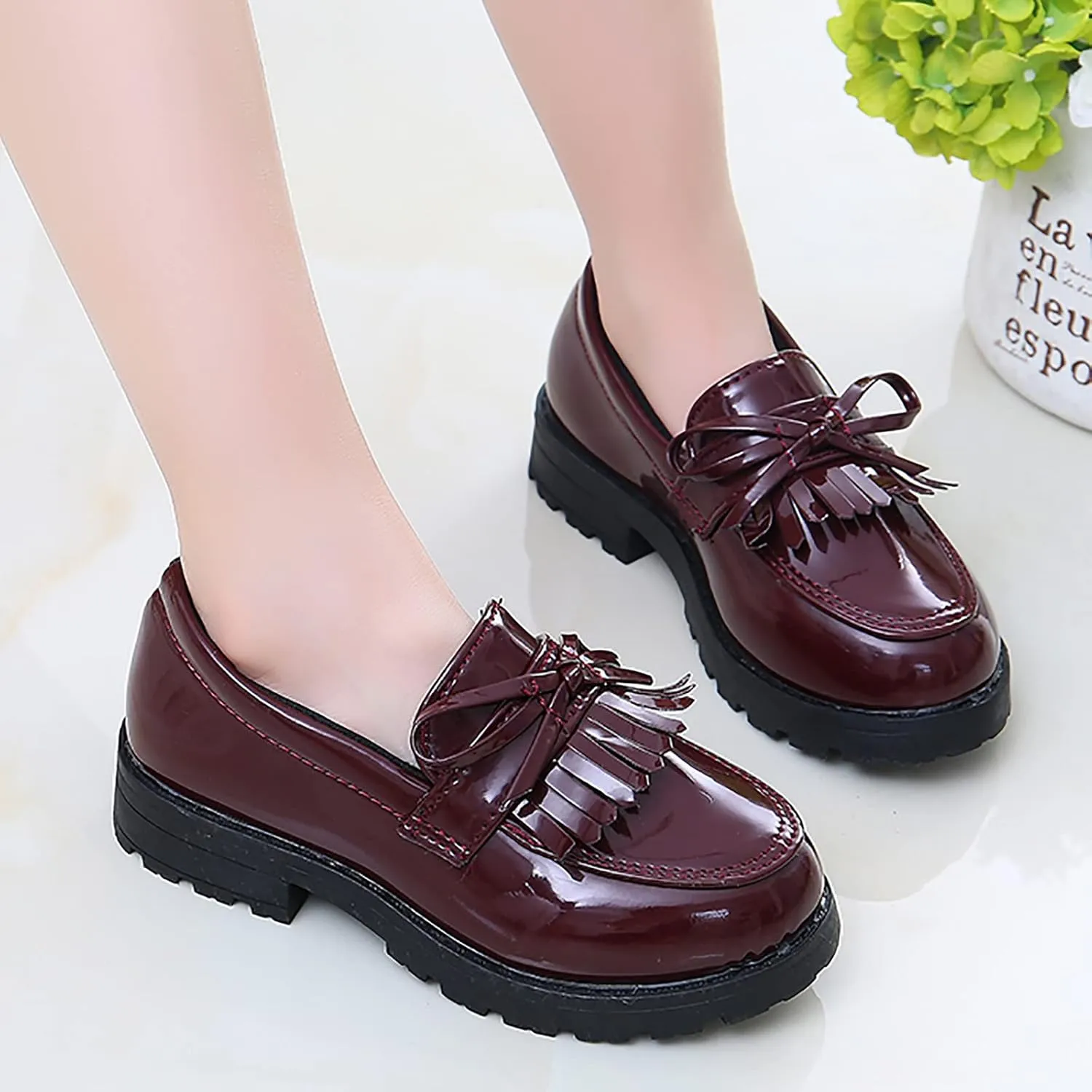 Summer Big Girls Loafer Slip On Leather Tassel Bow School Dress Shoes 𝐏atent-Leather Reflective Flat Loafers