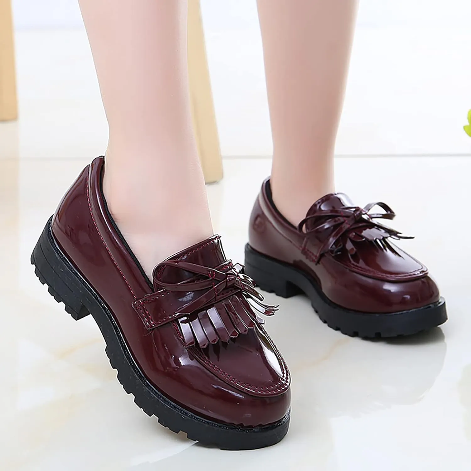 Summer Big Girls Loafer Slip On Leather Tassel Bow School Dress Shoes 𝐏atent-Leather Reflective Flat Loafers