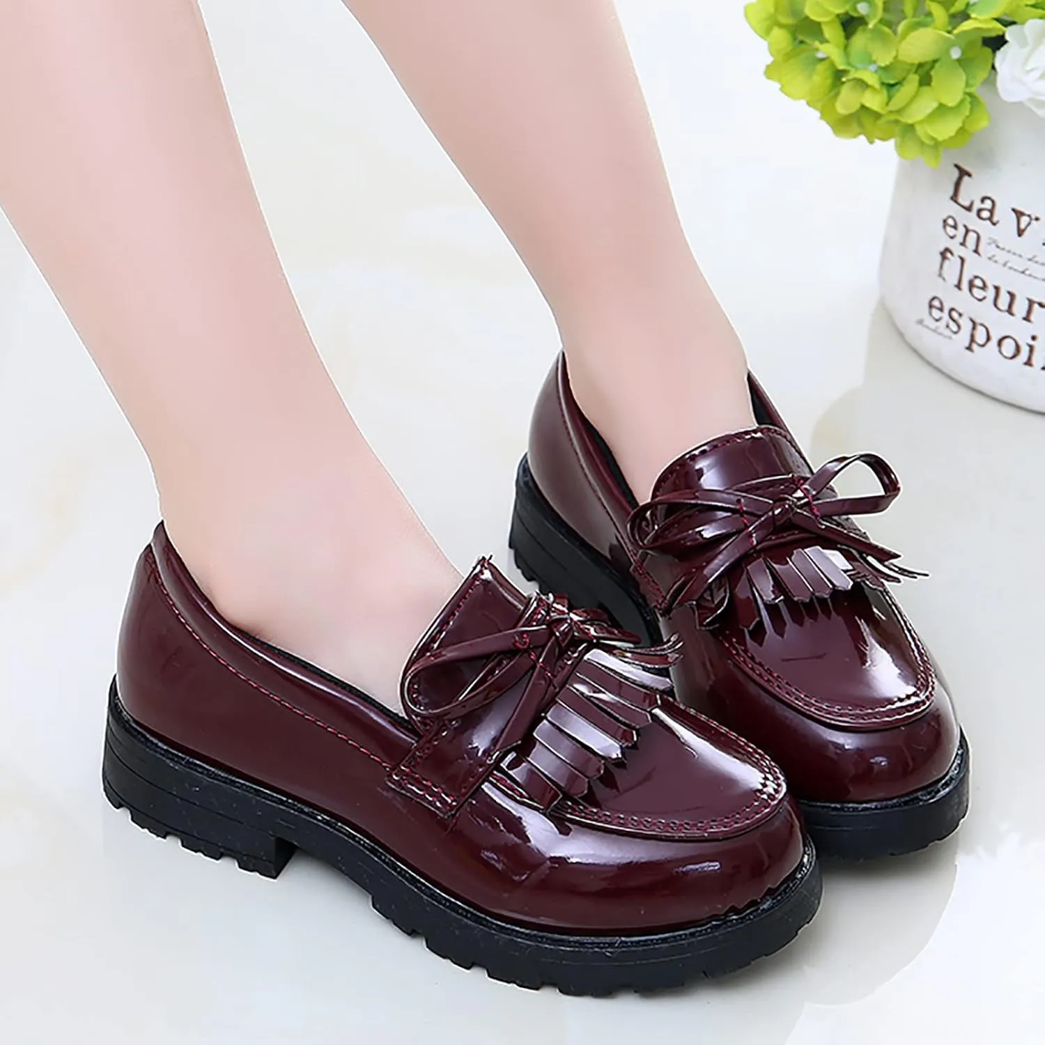 Summer Big Girls Loafer Slip On Leather Tassel Bow School Dress Shoes 𝐏atent-Leather Reflective Flat Loafers