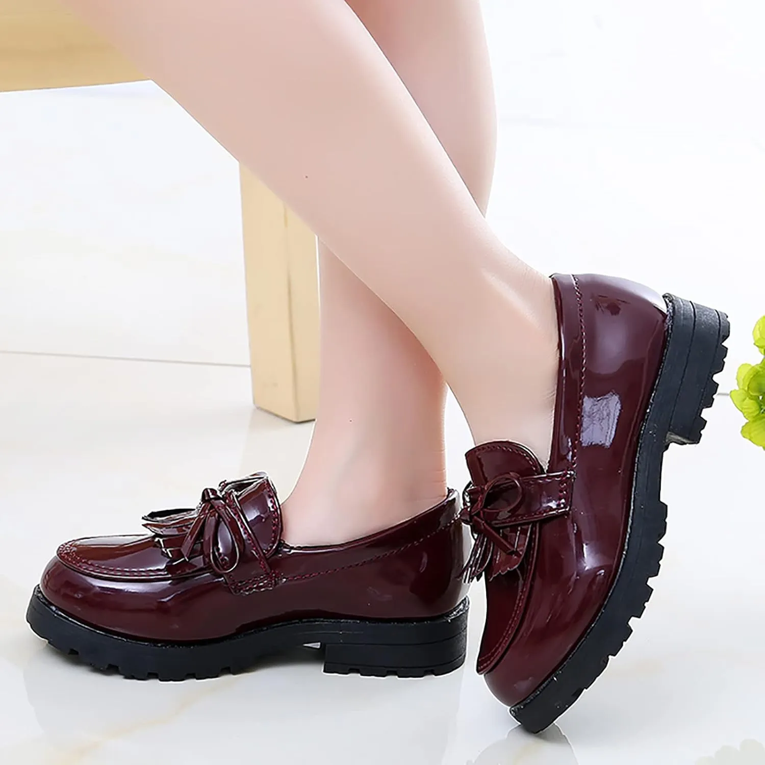Summer Big Girls Loafer Slip On Leather Tassel Bow School Dress Shoes 𝐏atent-Leather Reflective Flat Loafers