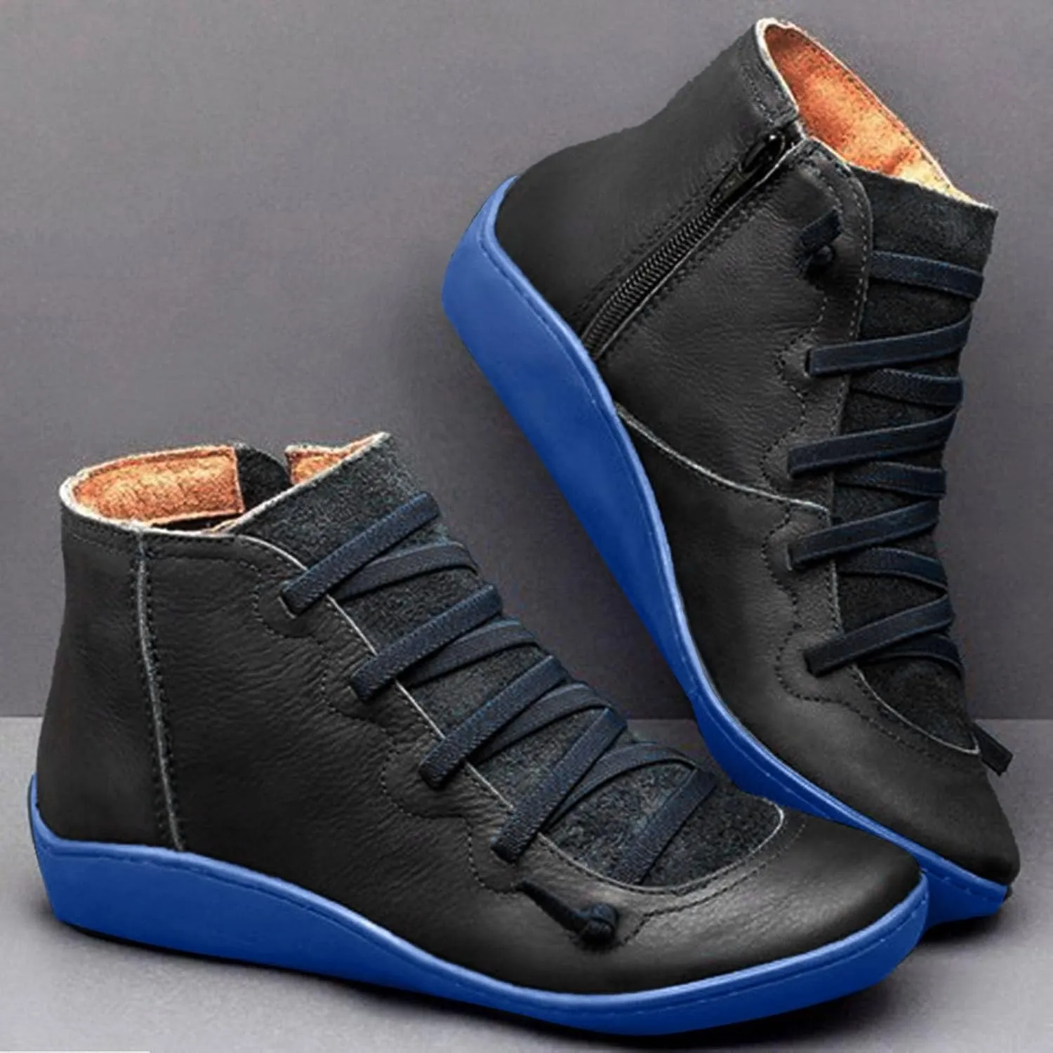Vintage Women's Ankle Boots - Comfortable Leather Flat Boots With Round Toe and Side Zipper