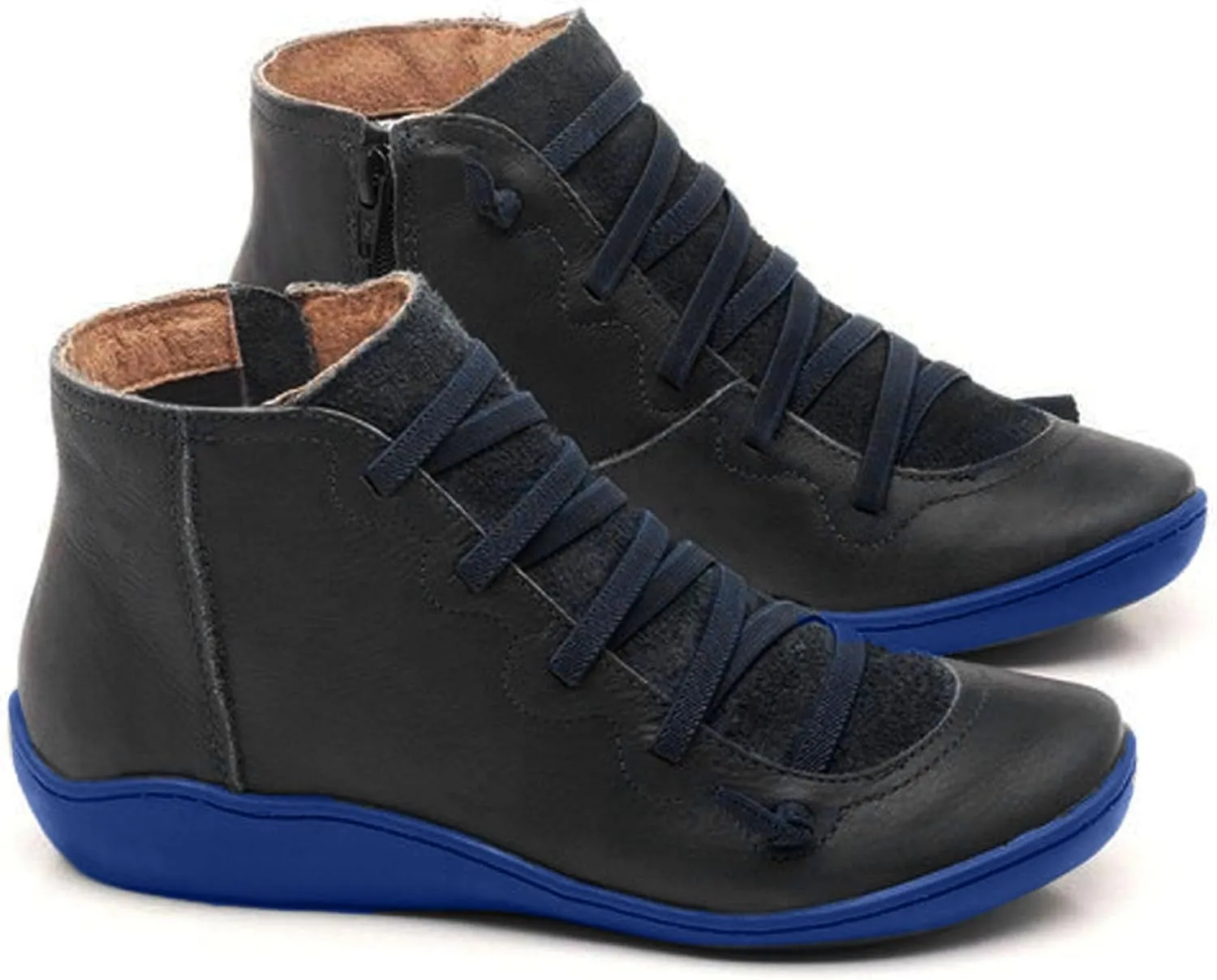 Vintage Women's Ankle Boots - Comfortable Leather Flat Boots With Round Toe and Side Zipper