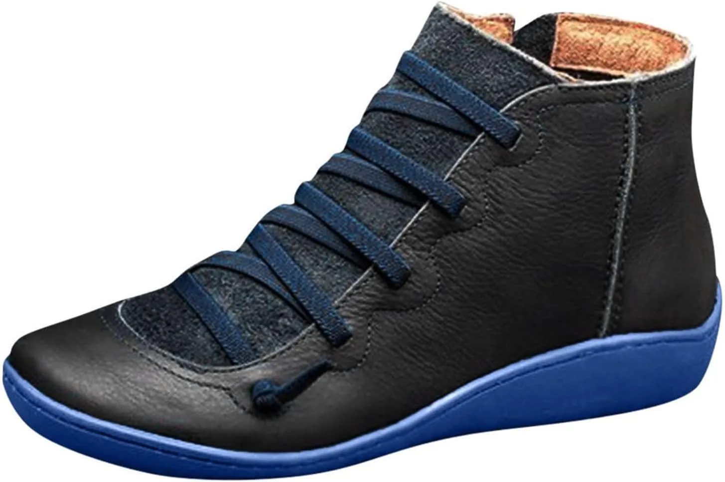 Vintage Women's Ankle Boots - Comfortable Leather Flat Boots With Round Toe and Side Zipper