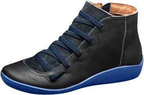 Vintage Women's Ankle Boots - Comfortable Leather Flat Boots With Round Toe and Side Zipper