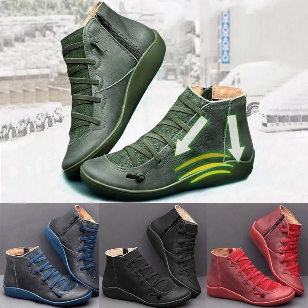 Vintage Women's Ankle Boots - Comfortable Leather Flat Boots With Round Toe and Side Zipper