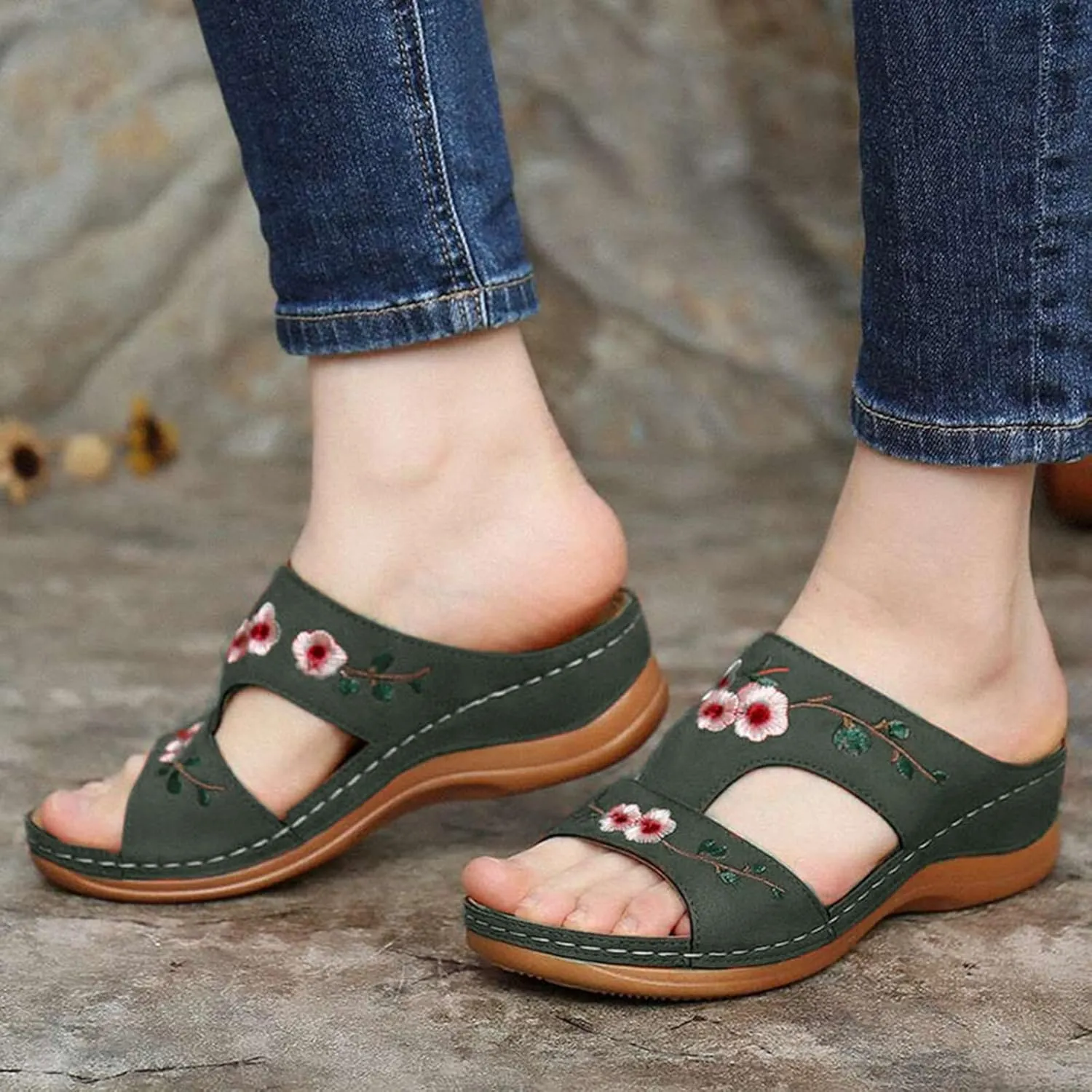 Wedge Sandals for Women Open Toe Hollow Out Slip On Platform Comfortable Flower Summer Casual Walking Shoes Slippers Arch Support Slides Wide Width Beach Breathable Sandal Flip Flops Flat