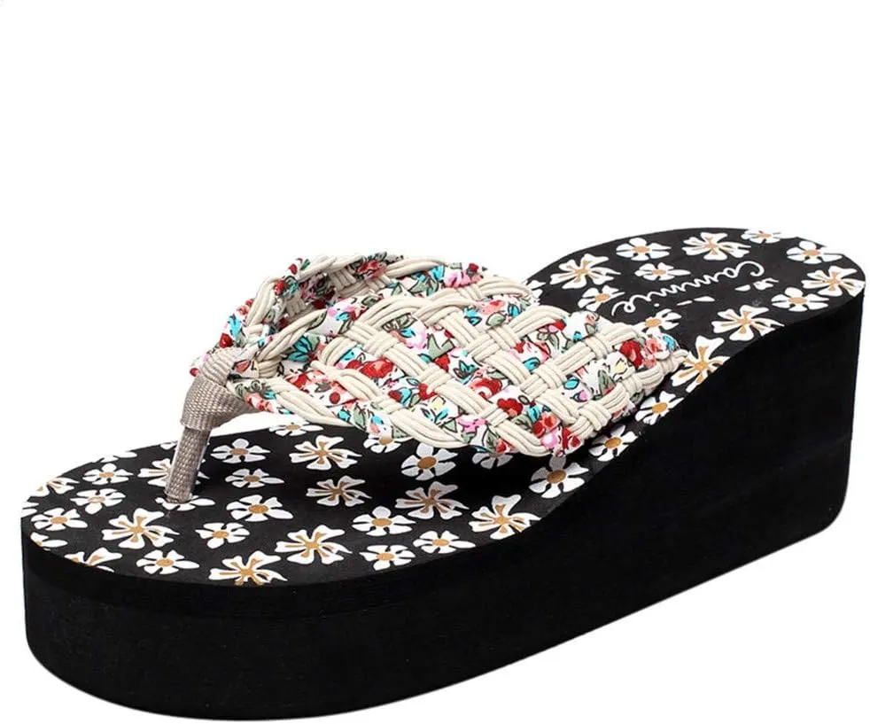 Wedges Platform Sandals for Women Bohemian Floral Summer Beach Flip Flops Casual Slippers Womens Sandals