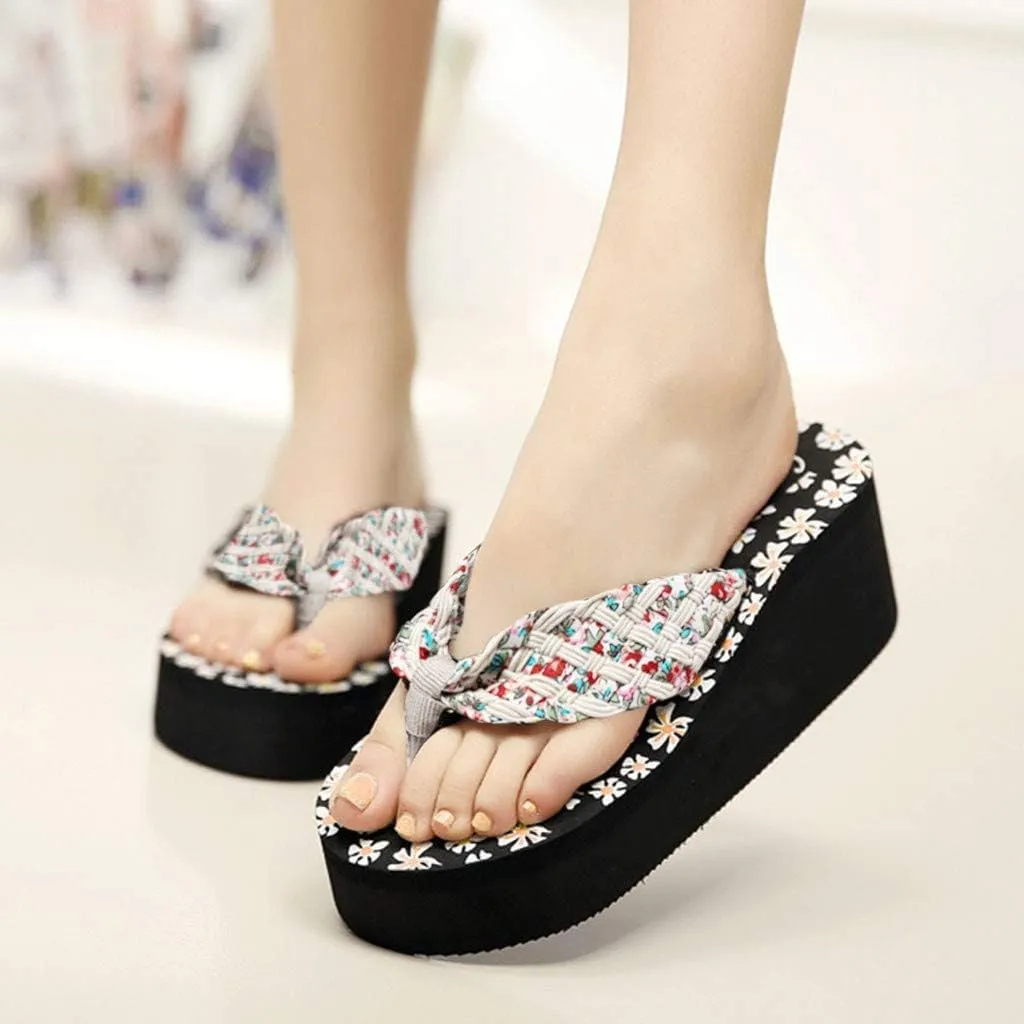 Wedges Platform Sandals for Women Bohemian Floral Summer Beach Flip Flops Casual Slippers Womens Sandals