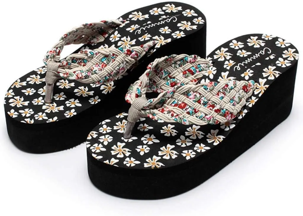Wedges Platform Sandals for Women Bohemian Floral Summer Beach Flip Flops Casual Slippers Womens Sandals