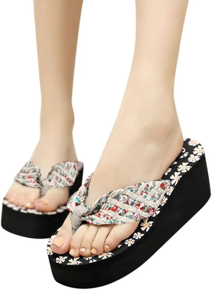 Wedges Platform Sandals for Women Bohemian Floral Summer Beach Flip Flops Casual Slippers Womens Sandals