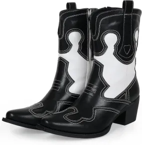 Western Woman Cowgirl Boots with Chunky Heel Pointed Toe Cowboy Boots White Patchwork Trendy Cowboy Stitched Pointe Toe Mid Shaft Boots Western Woman Cowgirl Boots with Chunky Heel Pointed Toe Cowboy Boots White Patchwork Trendy Cowboy Stitched Pointe Toe Mid Shaft Boots