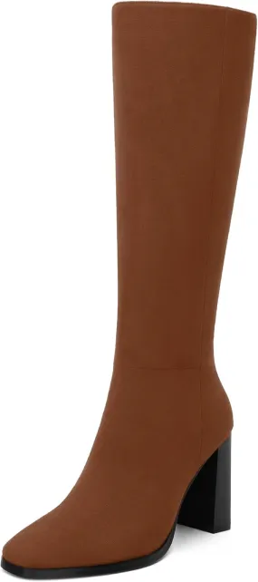 Womens High Heeled Knee High Boots, Square Toe Chunky Heel Knee-high Boots for Women, Fashion Dress Boots Zipper 3.5"